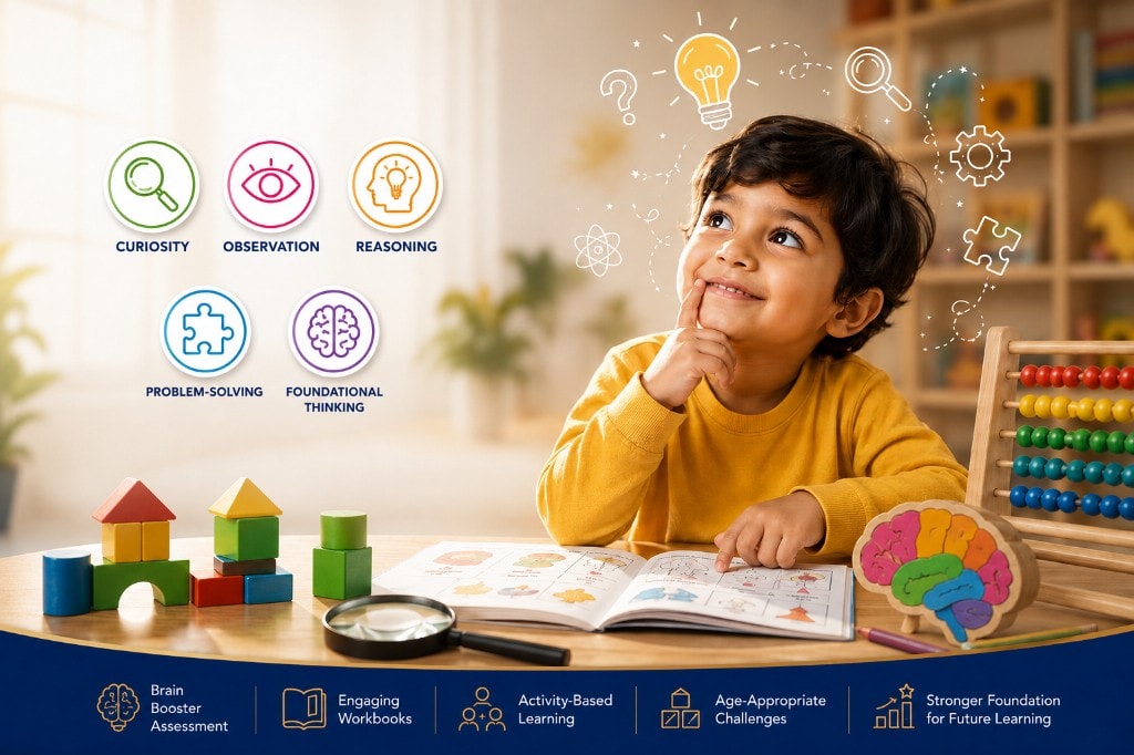 A young learner thinking beside building blocks and a Brainiac Global workbook, with the programme's five focus areas: curiosity, observation, reasoning, problem-solving and foundational thinking