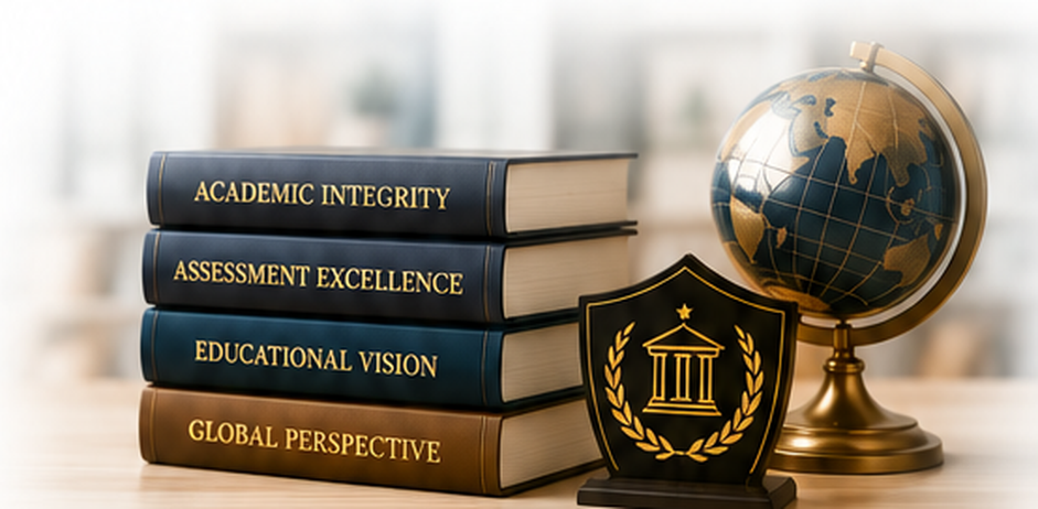 A stack of books labelled Academic Integrity, Assessment Excellence, Educational Vision and Global Perspective, beside an institution emblem and a globe