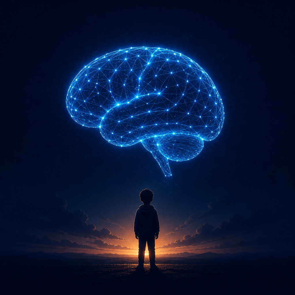 A child gazing at a glowing neural network brain